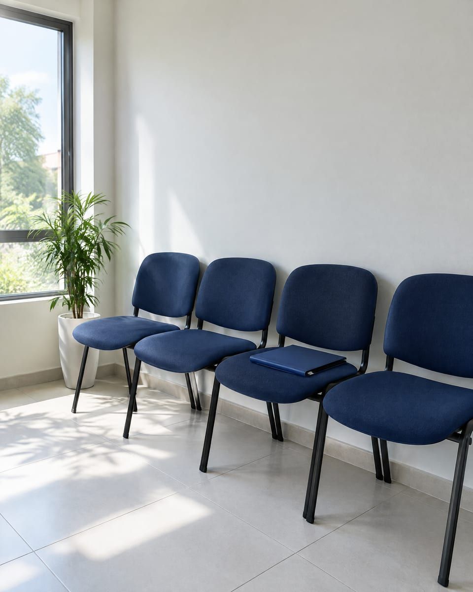 Sala de espera vazia, com cadeiras enfileiradas, como a de um posto de perícia médica