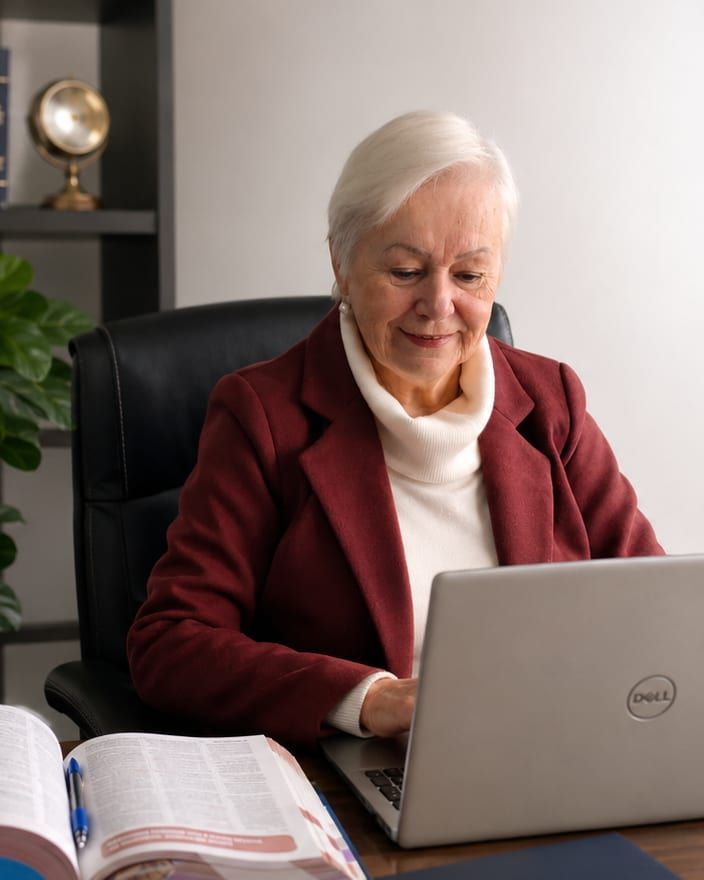 Dra. Soeli Konell trabalha ao notebook no escritório, com um livro aberto sobre a mesa