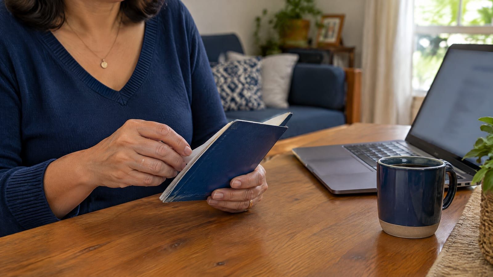Aposentadoria por tempo de contribuição em 2026: mulher de cerca de 58 anos revisa a carteira de trabalho ao lado do notebook