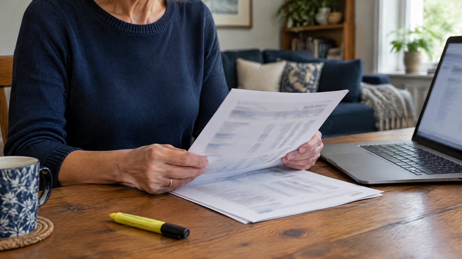 Extrato CNIS em casa: mulher de cerca de 58 anos confere folhas impressas do histórico de contribuições ao lado do notebook