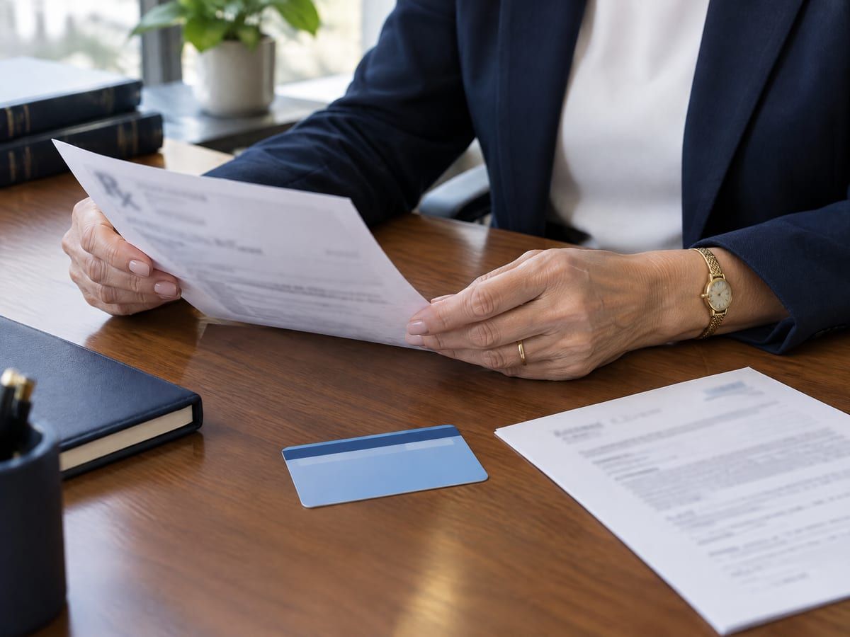 Receita, laudo e caixa de remédio sem marca sobre a mesa, papéis que o advogado de plano de saúde analisa