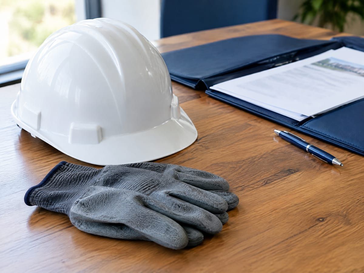 Capacete de segurança e luvas de trabalho sobre a mesa, ao lado de documentos, no atendimento de advogado trabalhista em Joinville