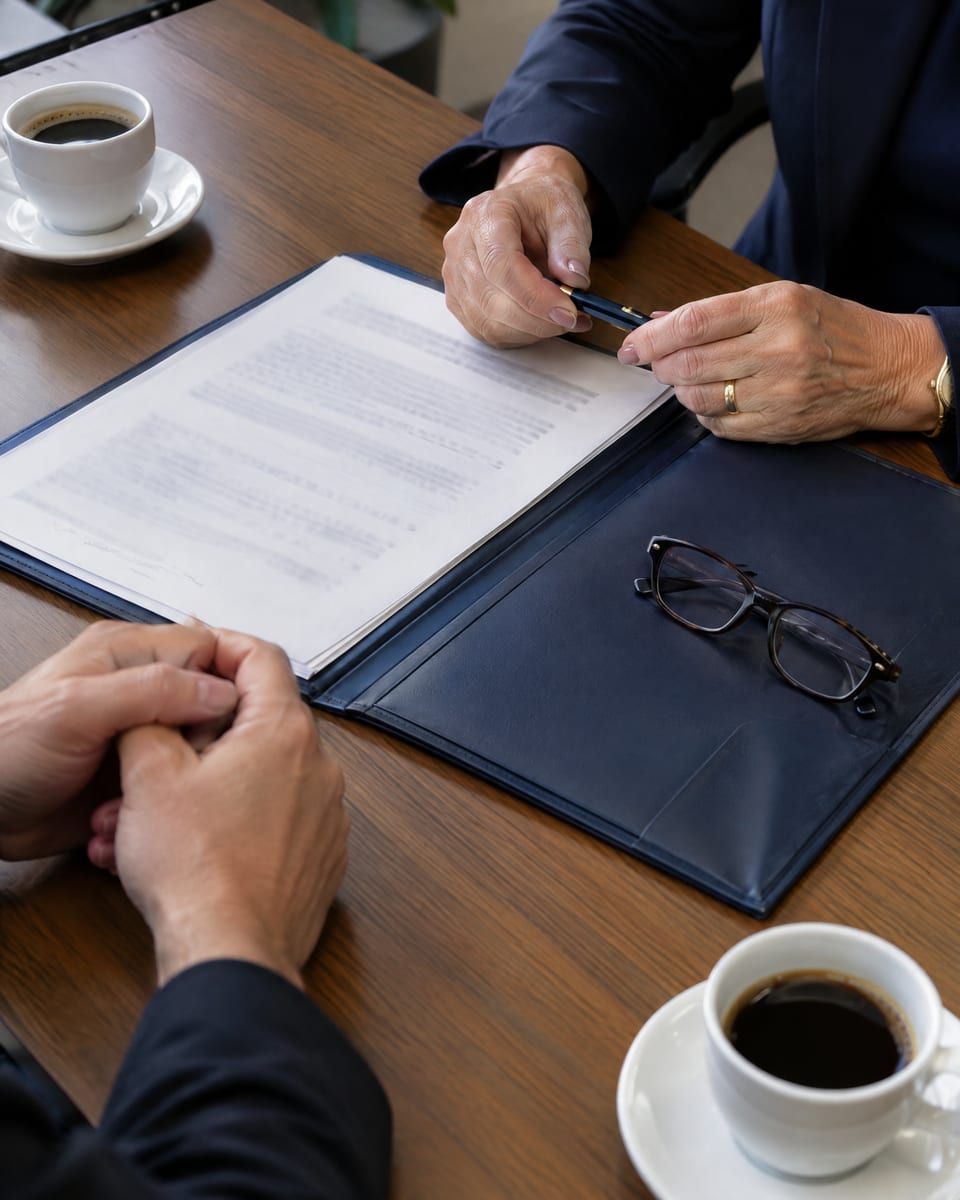 Mesa de atendimento com contrato, pasta e óculos na conversa com a advogada cível