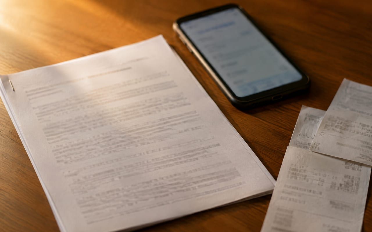 Contrato impresso, celular com conversa desfocada e comprovantes reunidos sobre a mesa