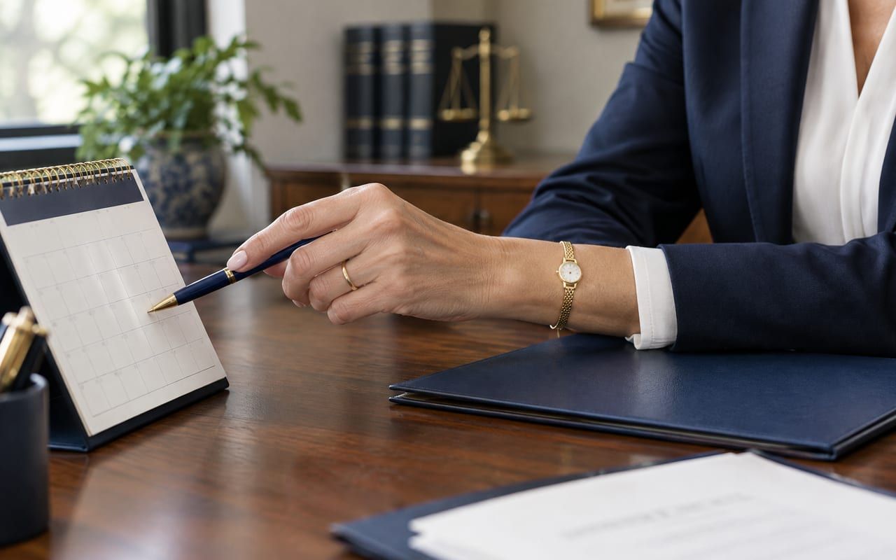 Mãos de advogada marcam uma data no calendário de mesa ao lado de documentos do caso