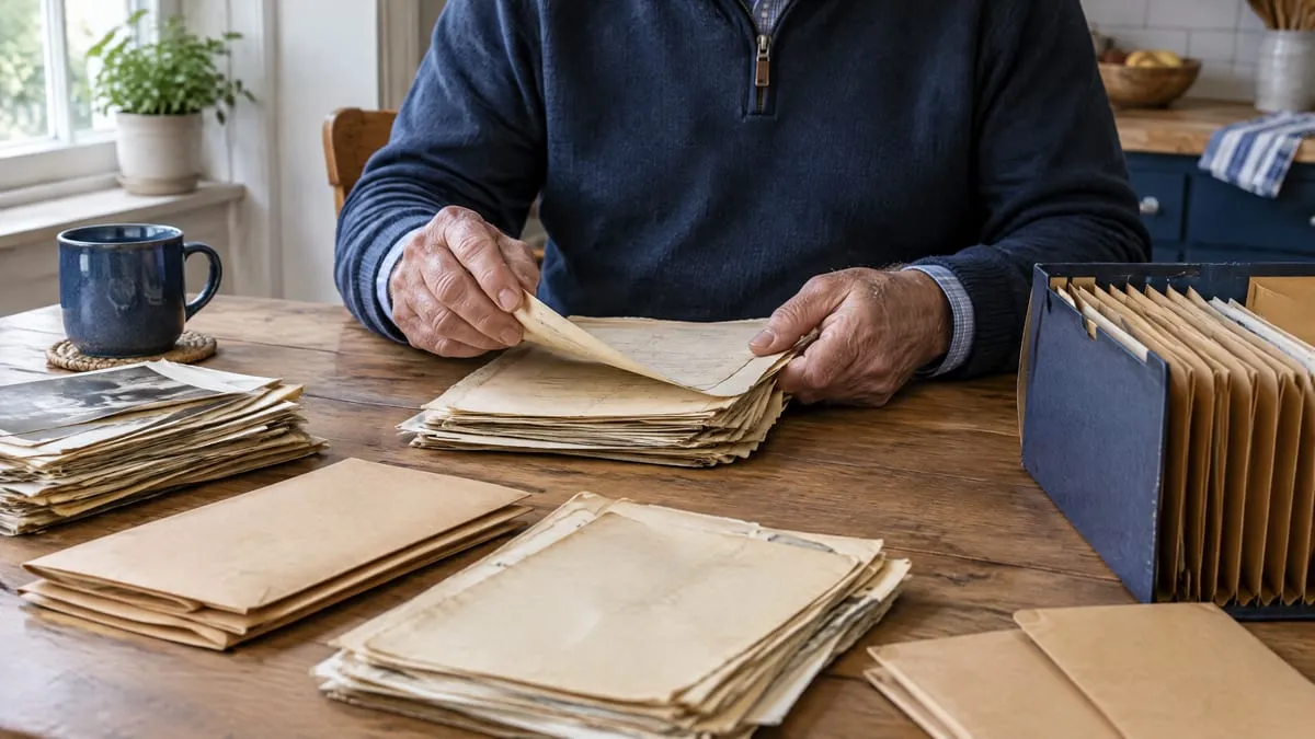 Acerto de vínculo no CNIS: homem de cerca de 60 anos separa holerites antigos e envelopes de documentos sobre a mesa da cozinha
