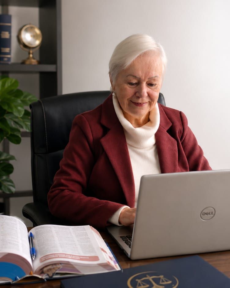 Dra. Soeli Konell ao notebook no escritório em Joinville