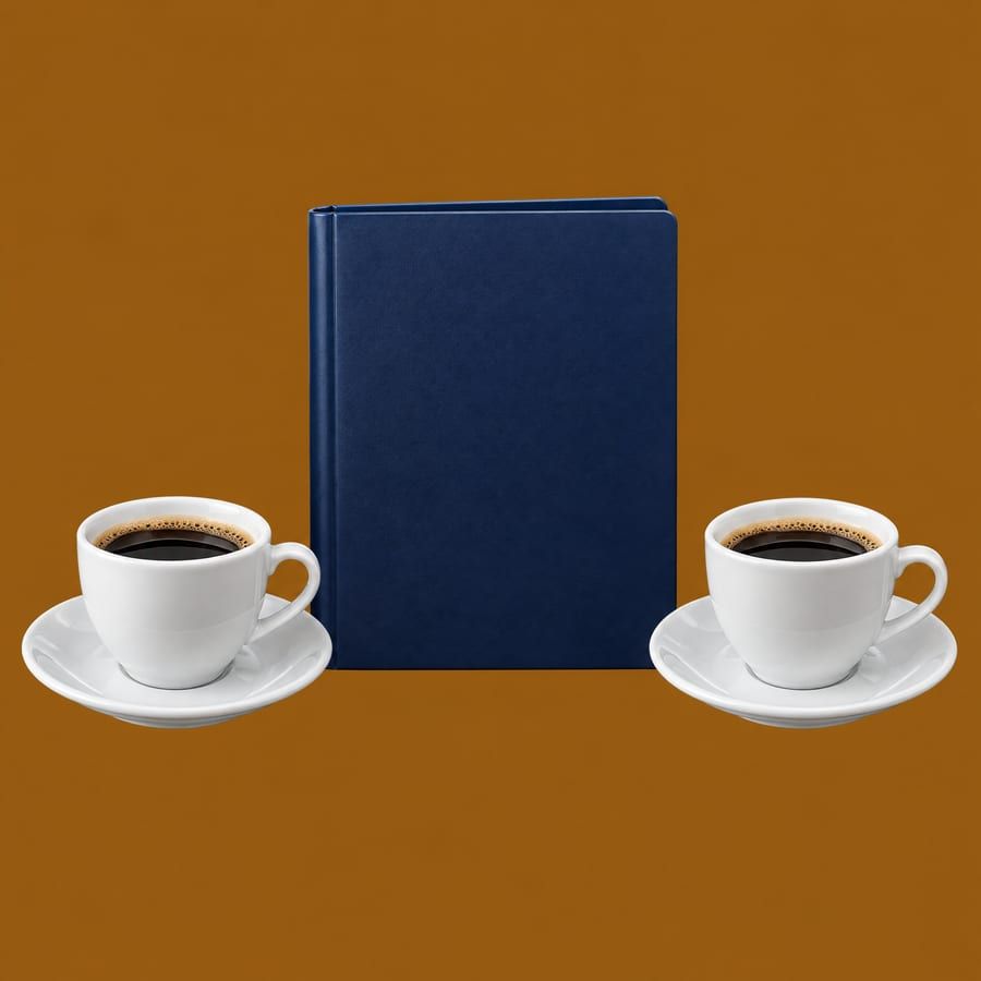 Ilustração de duas xícaras de café ao lado de uma pasta azul-marinho, símbolo de uma conversa tranquila