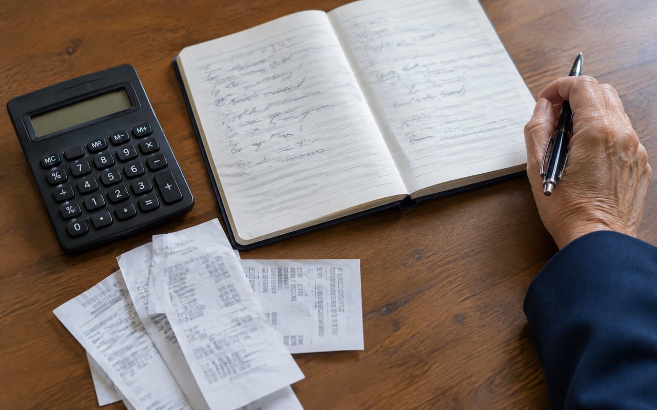 Caderno de anotações e calculadora ao lado de recibos na análise da pensão alimentícia