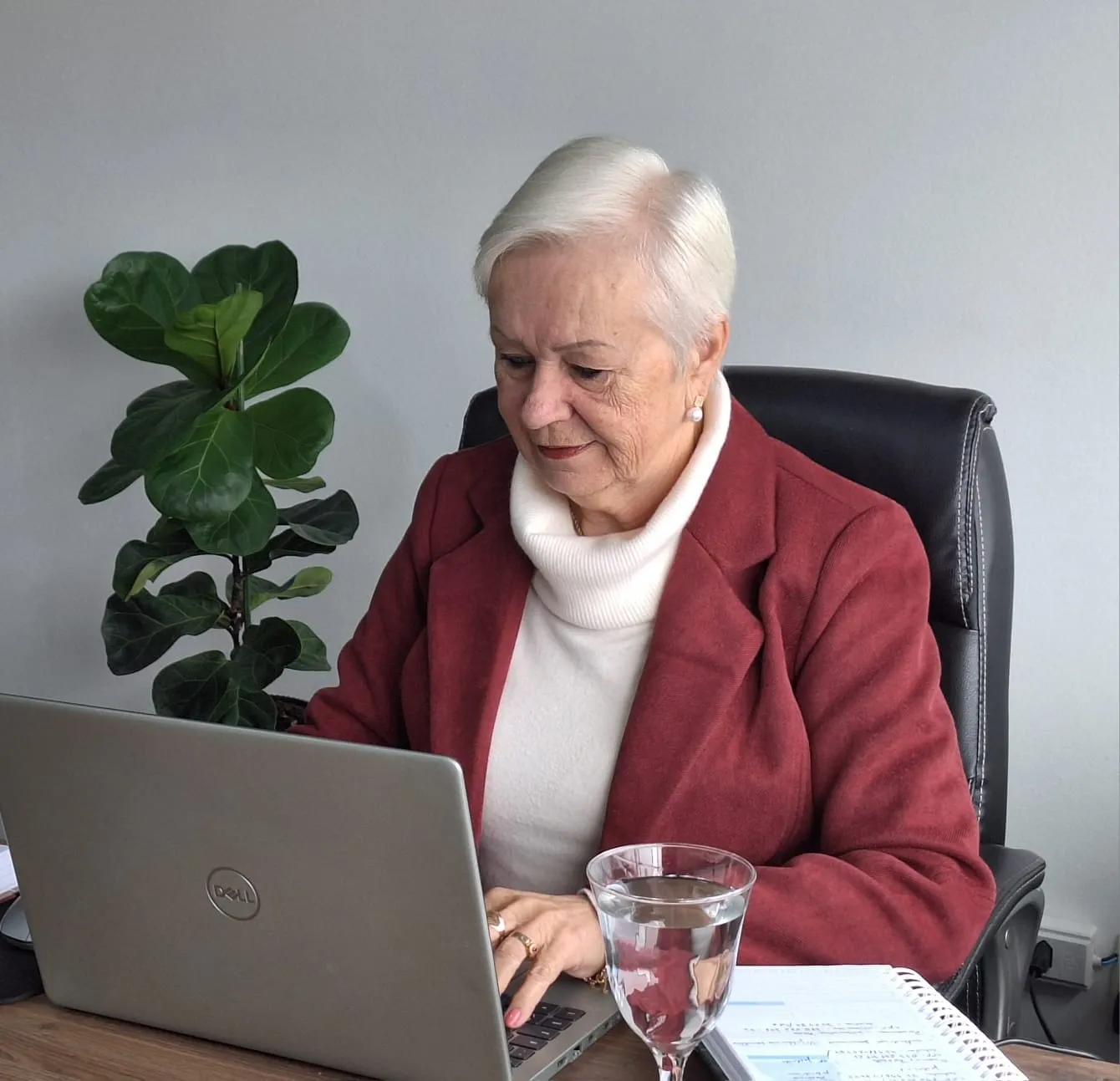 Dra. Soeli Konell, advogada previdenciarista em Joinville, ao notebook no escritório
