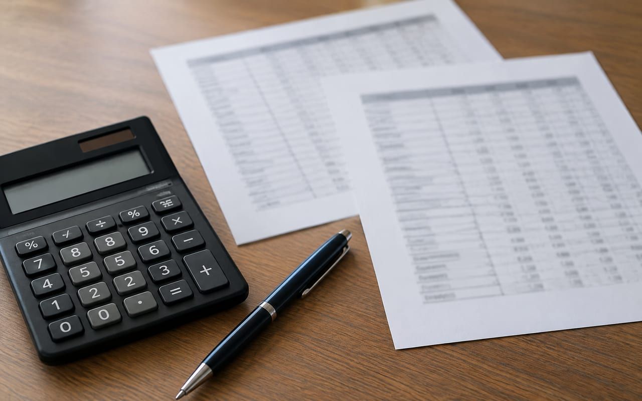 Calculadora, caneta e folhas impressas com tabela desfocada para conferir a média dos salários