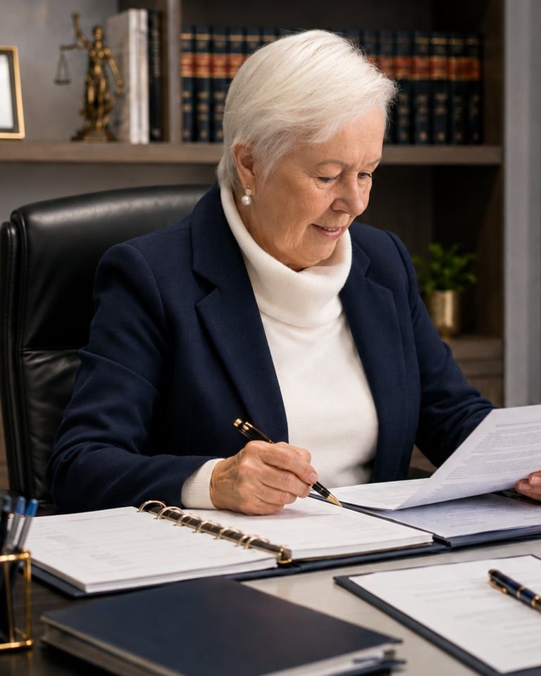 Dra. Soeli Konell analisa documentos à mesa durante o planejamento previdenciário