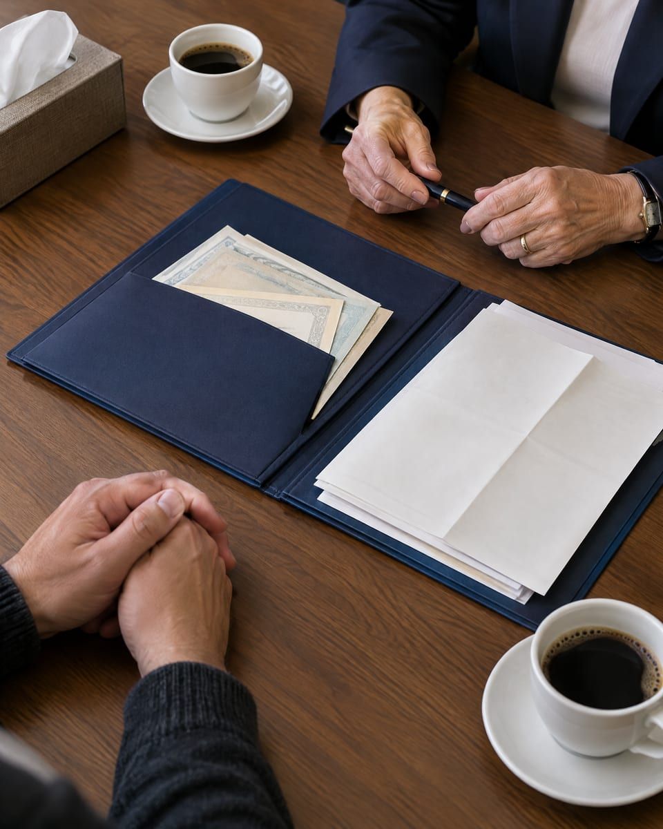Mesa de atendimento com certidões dobradas, pasta e xícaras na conversa sobre direito das sucessões