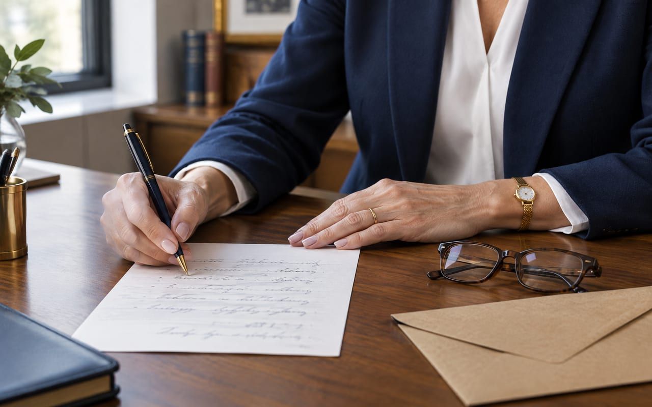 Mão confere com caneta uma lista de documentos do inventário, ao lado de óculos de leitura
