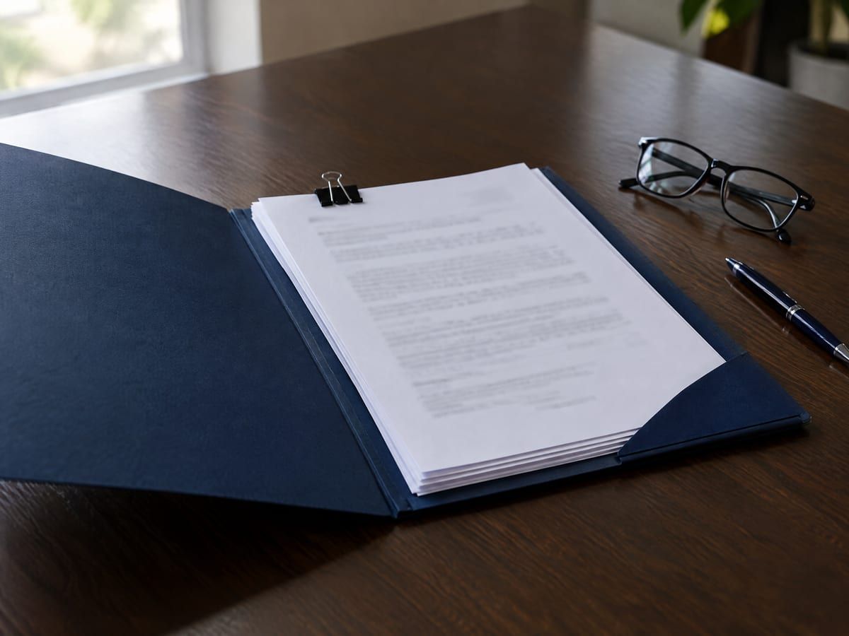 Pasta com folhas presas por clipe e óculos de leitura sobre a mesa no inventário judicial