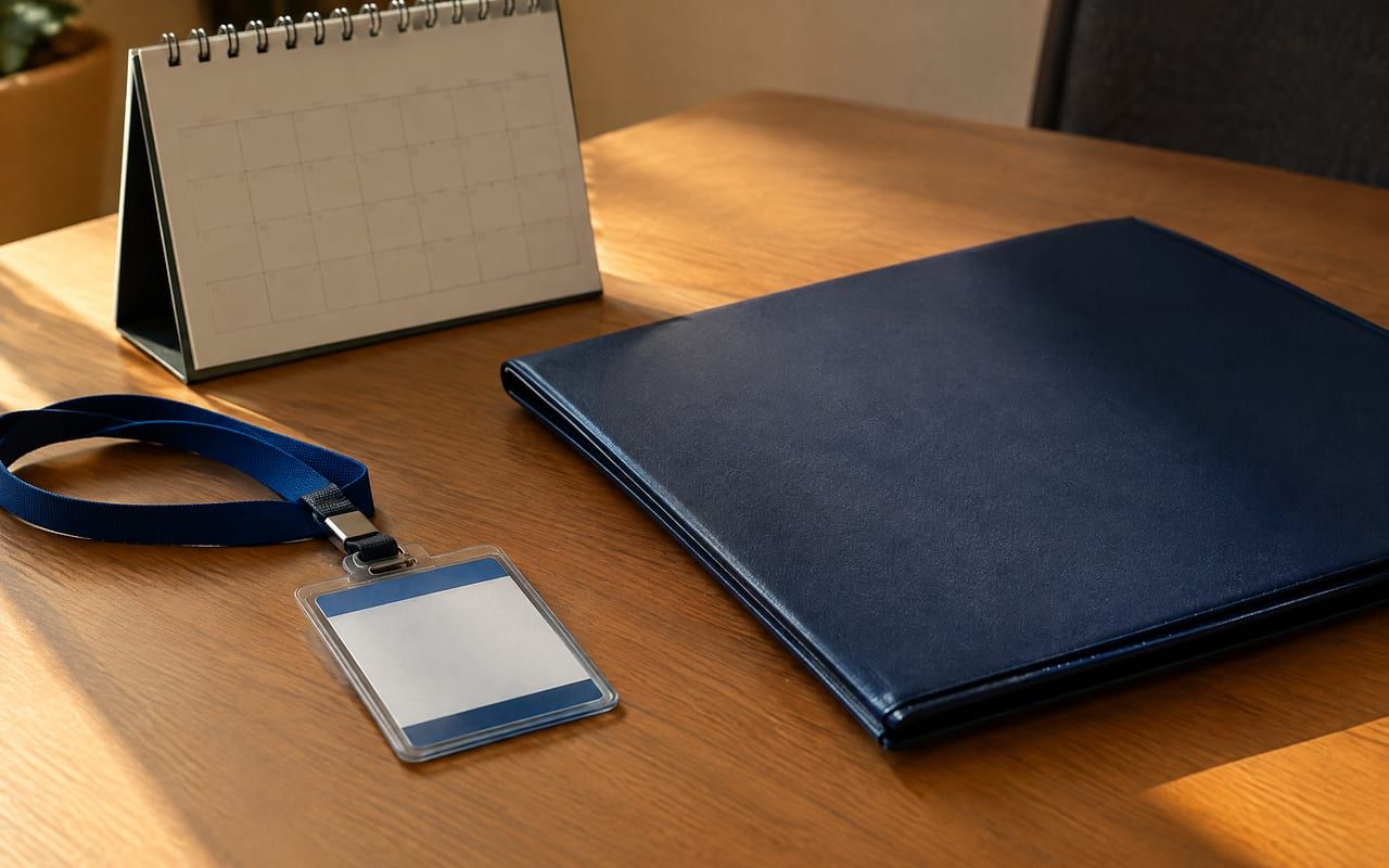 Calendário de mesa e crachá sem nome, lembrando a estabilidade no emprego